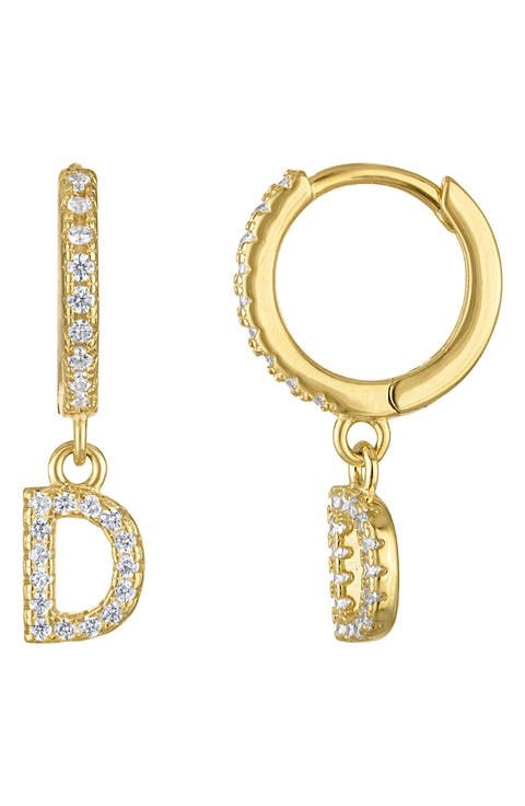 Cubic Zirconia Initial Charm Huggie Hoop Earrings