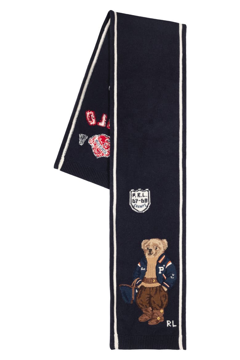 Polo Bear Intarsia Wool & Cashmere Scarf, Alternate, color, NAVY MULTI