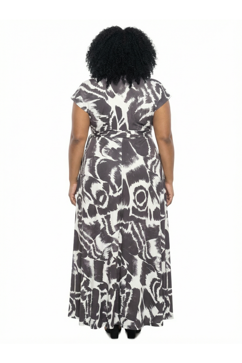 Curvy Essential Abstract V-Neck Empire Waist Cap Sleeve Maxi Dress, Alternate, color, Black Multi