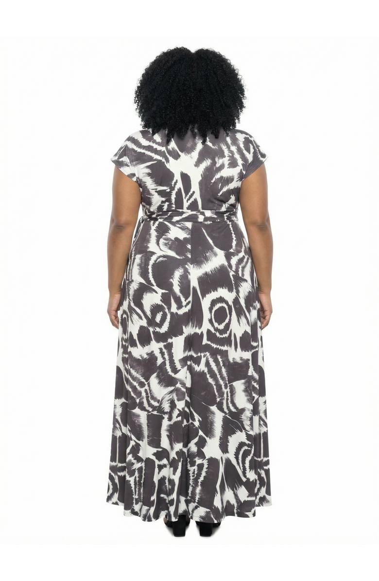 24seven Comfort Apparel Curvy Essential Abstract V-Neck Empire Waist Cap Sleeve Maxi Dress, Alternate, color, Black Multi