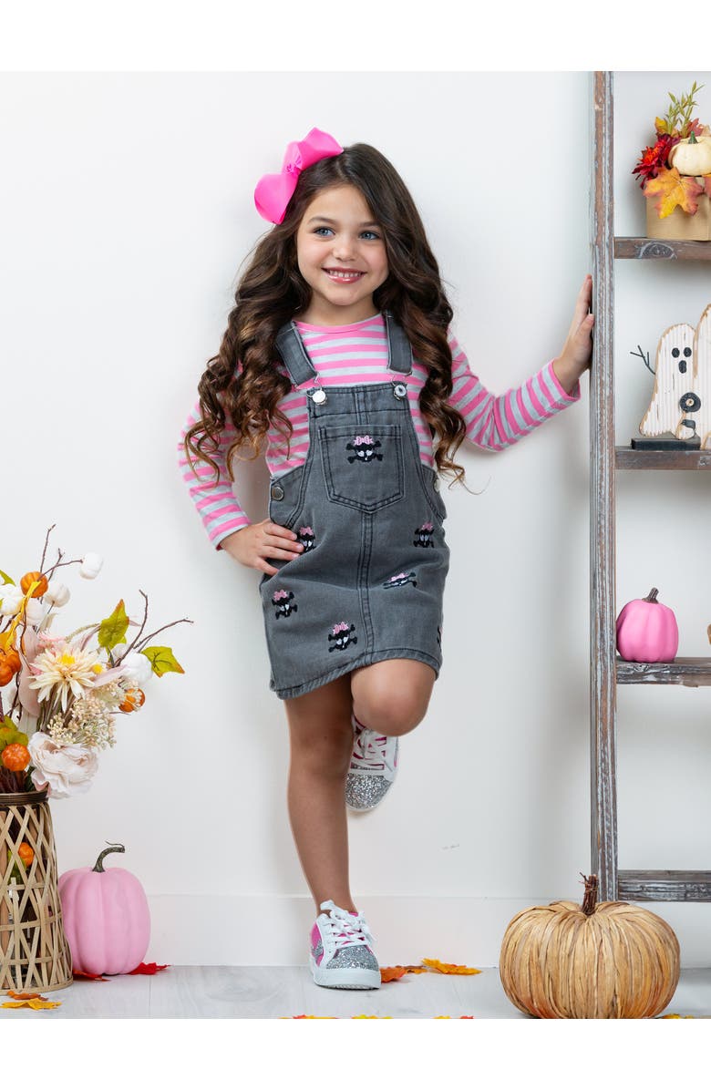 Mia Belle Girls Girls Skull Rock Denim Overall Dress Set, Alternate, color, Grey