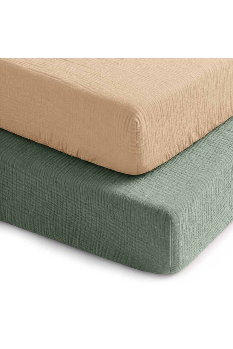 Muslin Fitted Crib Sheet - Pack of 2, Main, color, Fern and Cream