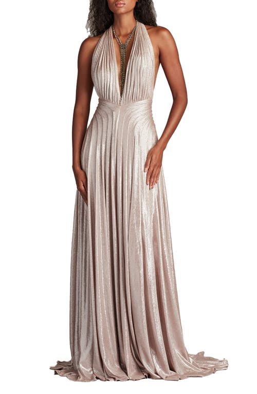 Tadashi Shoji Zarelle Pleated Metallic Halter Gown