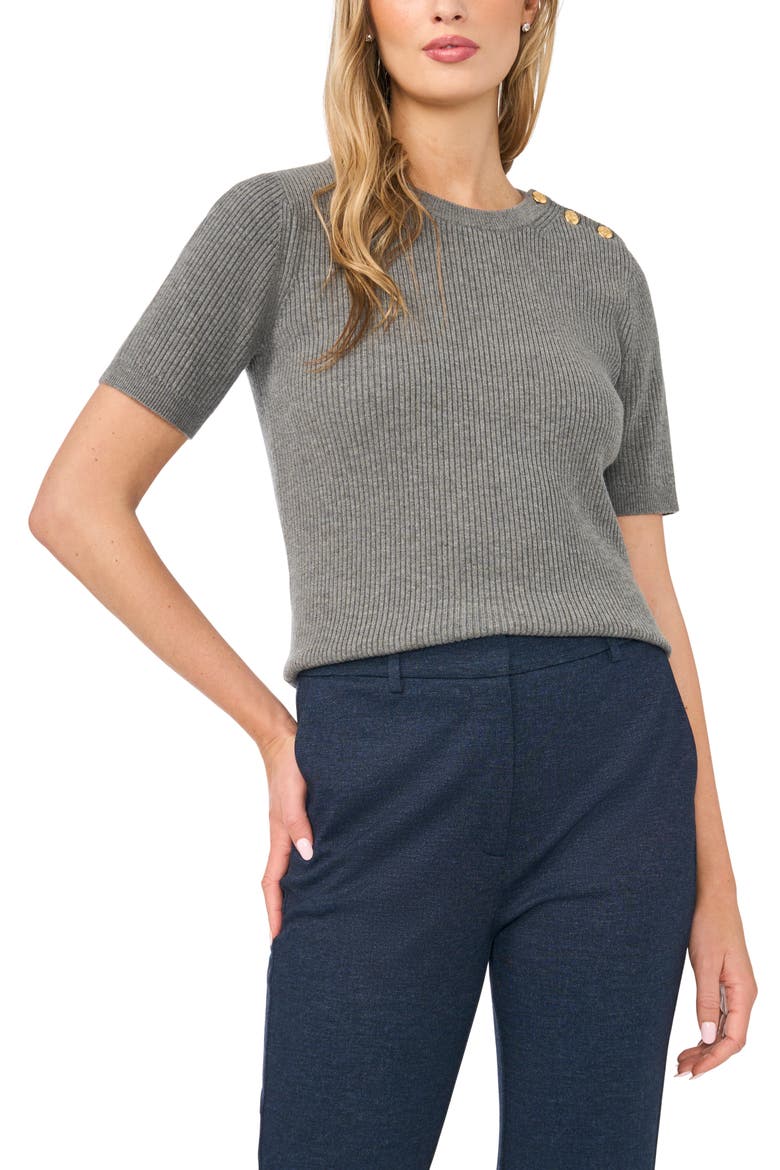 Button Shoulder Rib Short Sleeve Sweater, Main, color, GRAVEL GREY