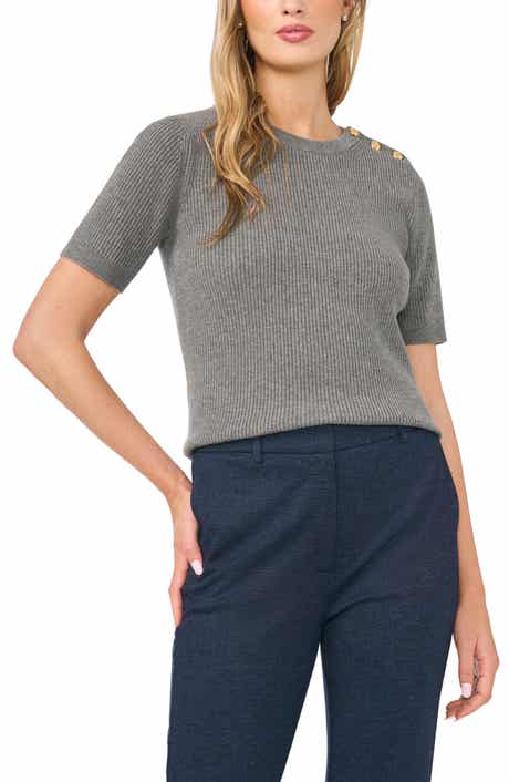 Button Shoulder Rib Short Sleeve Sweater