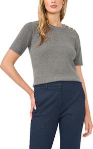 Halogen® Button Shoulder Rib Short Sleeve Sweater