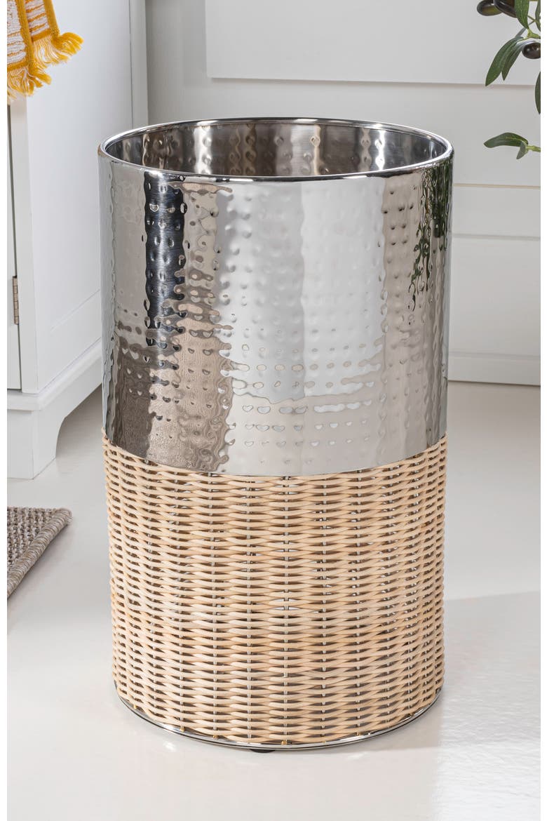Asher Modern 2-Tone Faux Wicker/Metal Cylinder Waste Basket, Alternate, color, Chrome/Natural