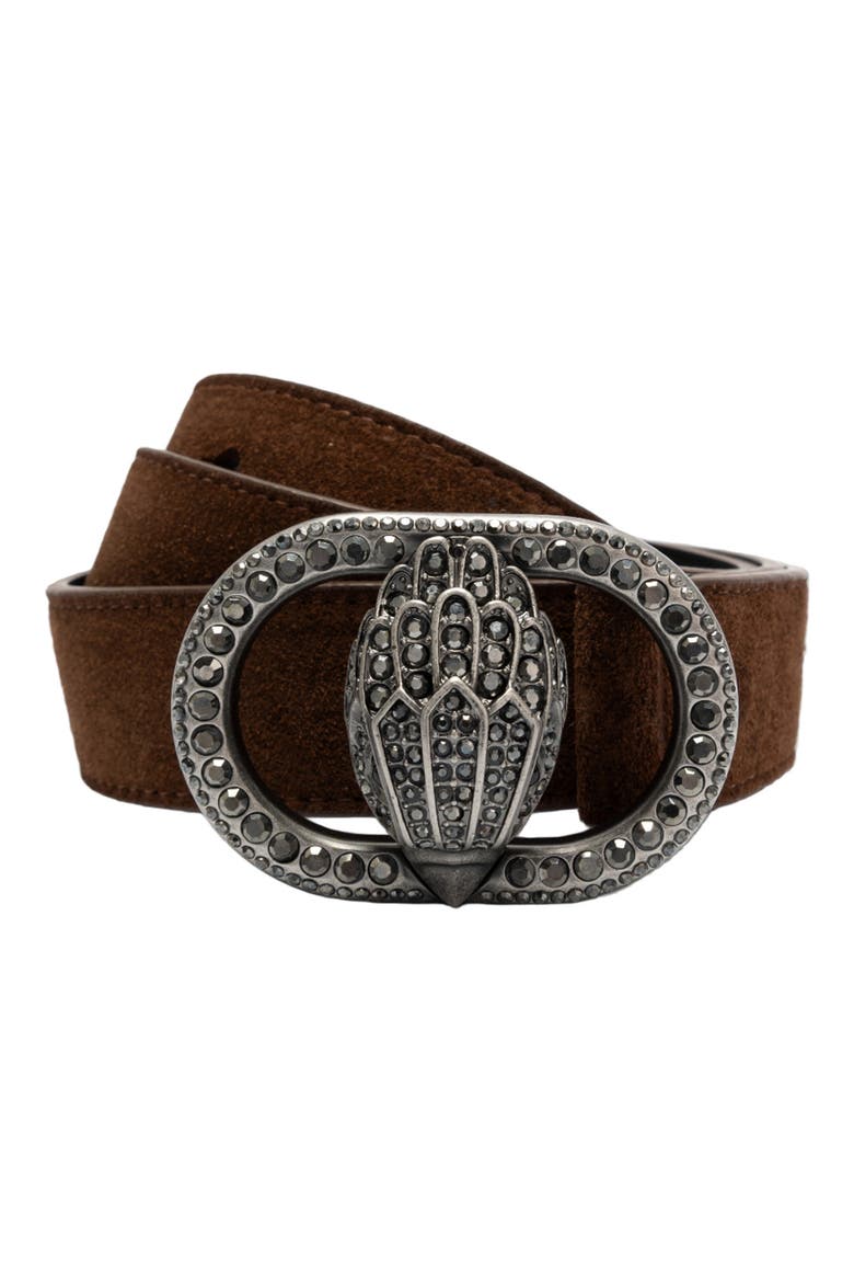 Chelsea Crystal Eagle Buckle Suede Belt, Main, color, CHOCOLATE BROWN