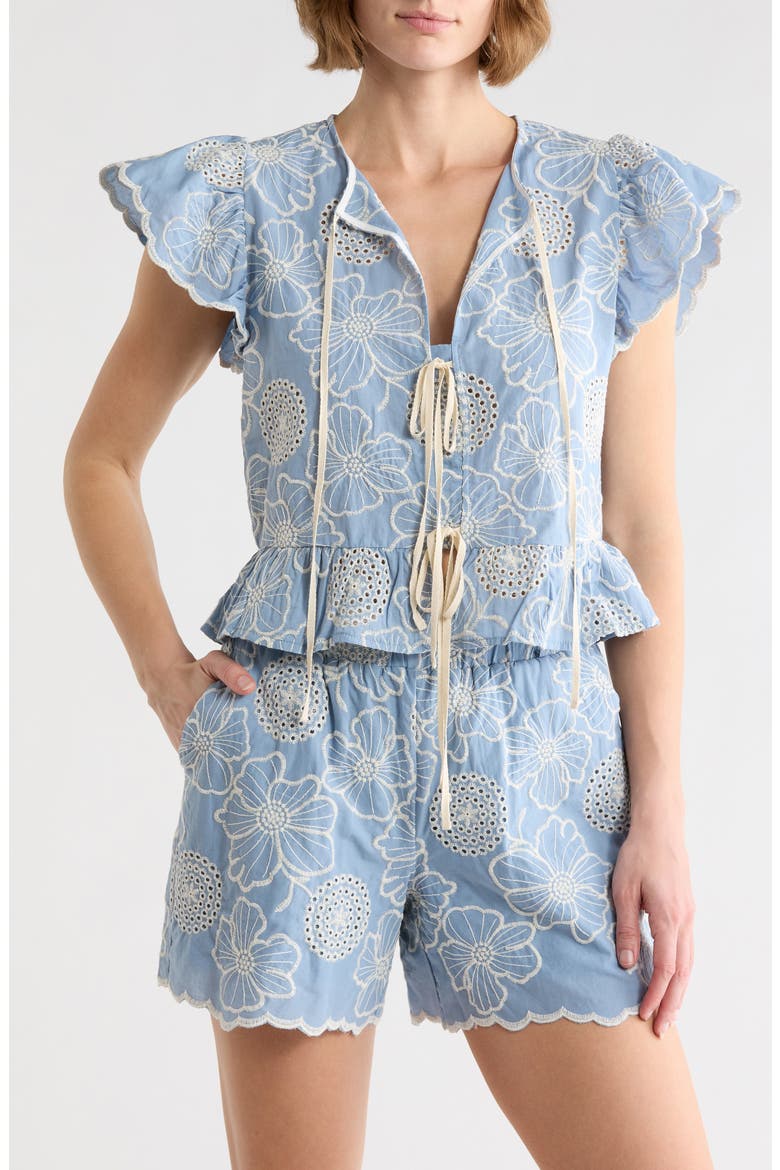 Embroidered Tie Front Top, Main, color, CHAMBRAY/ IVORY