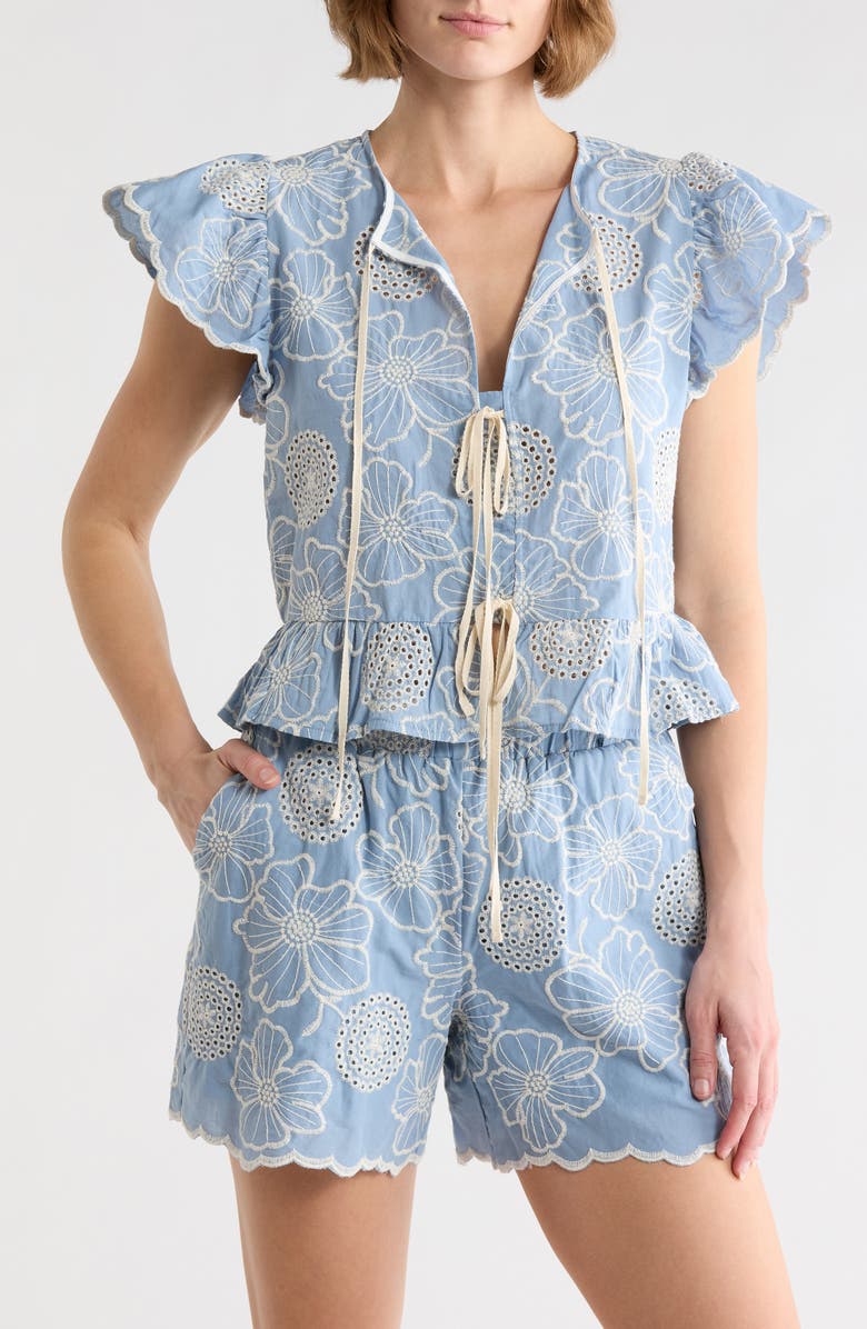 ELIE ELIE TAHARI Embroidered Tie Front Top, Main, color, Chambray/ Ivory