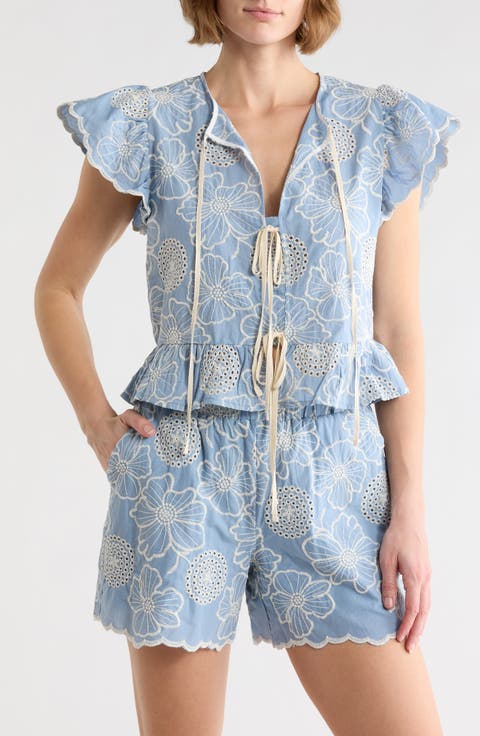 Embroidered Tie Front Top