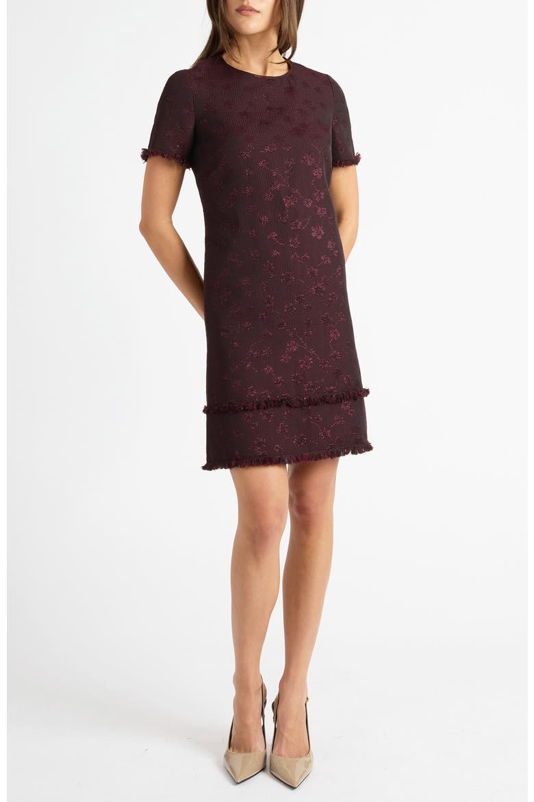Melania Short Sleeve Shift Dress in Tonal Jacquard, Alternate, color, RAISIN