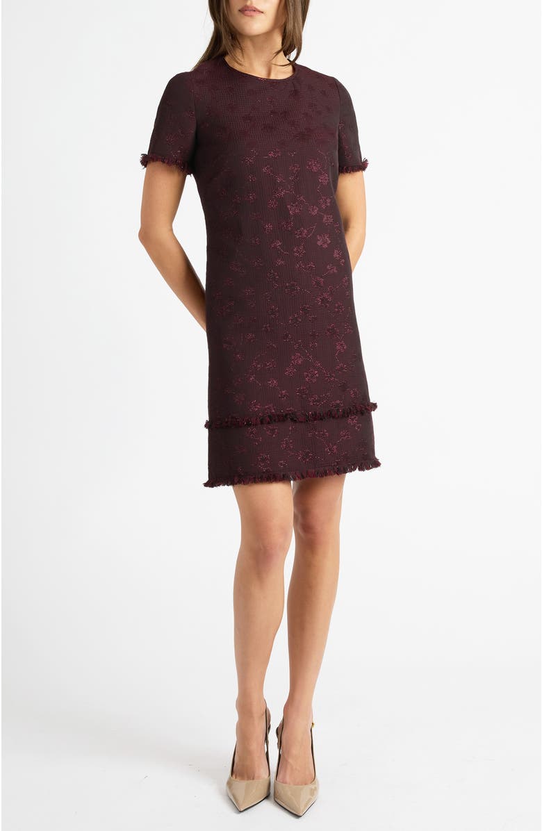 Santorelli Melania Short Sleeve Shift Dress in Tonal Jacquard, Alternate, color, Raisin