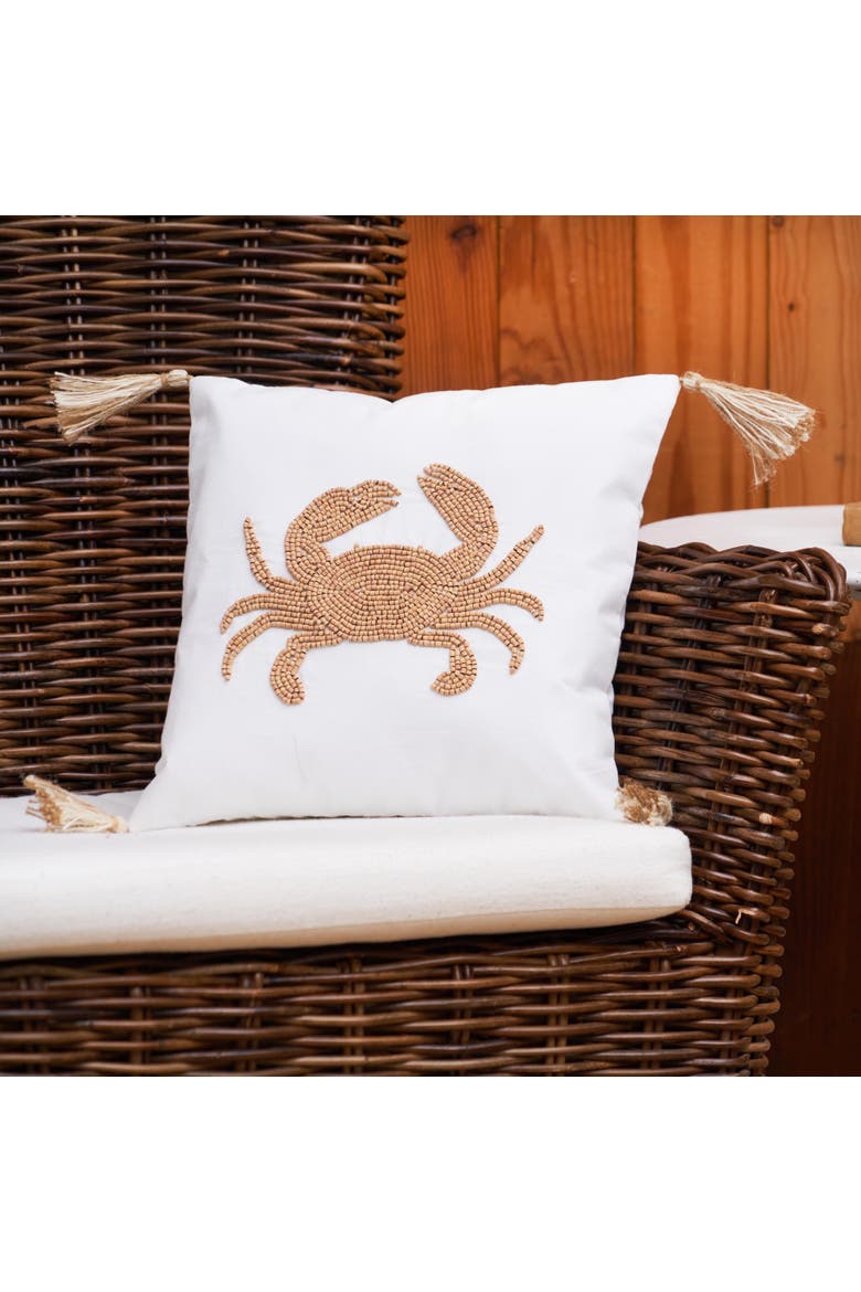 Crab Handmade Wood Beaded Throw Pillow, Alternate, color, Brown