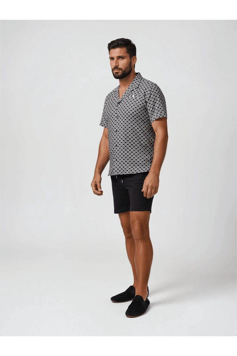 Linen Retro Geo Print SS Resort Shirt, Main, color, Black