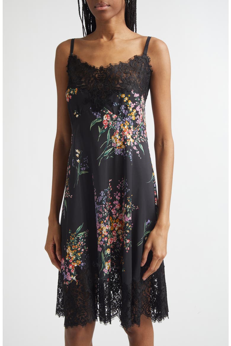 Floral Bouquet Print Lace Trim Habutai Silk Minidress, Alternate, color, MAZZI FIORI FDO.NERO