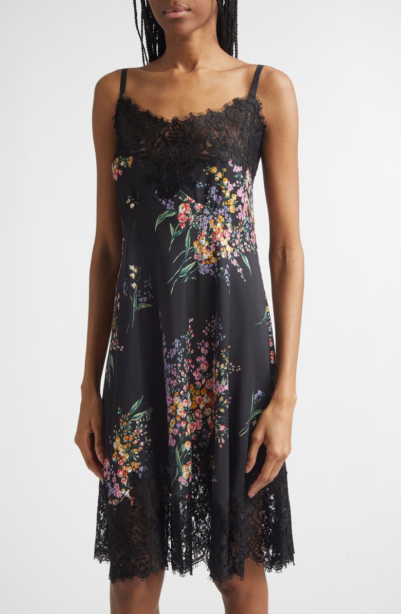 Dolce&Gabbana Floral Bouquet Print Lace Trim Habutai Silk Minidress, Alternate, color, Mazzi Fiori Fdo.nero