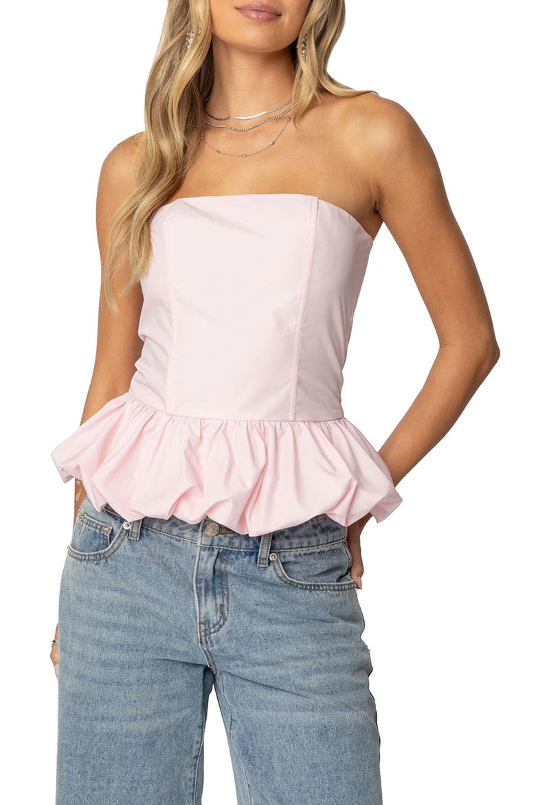 Everlee Strapless Bubble Hem Corset Top, Main, color, LIGHT-PINK