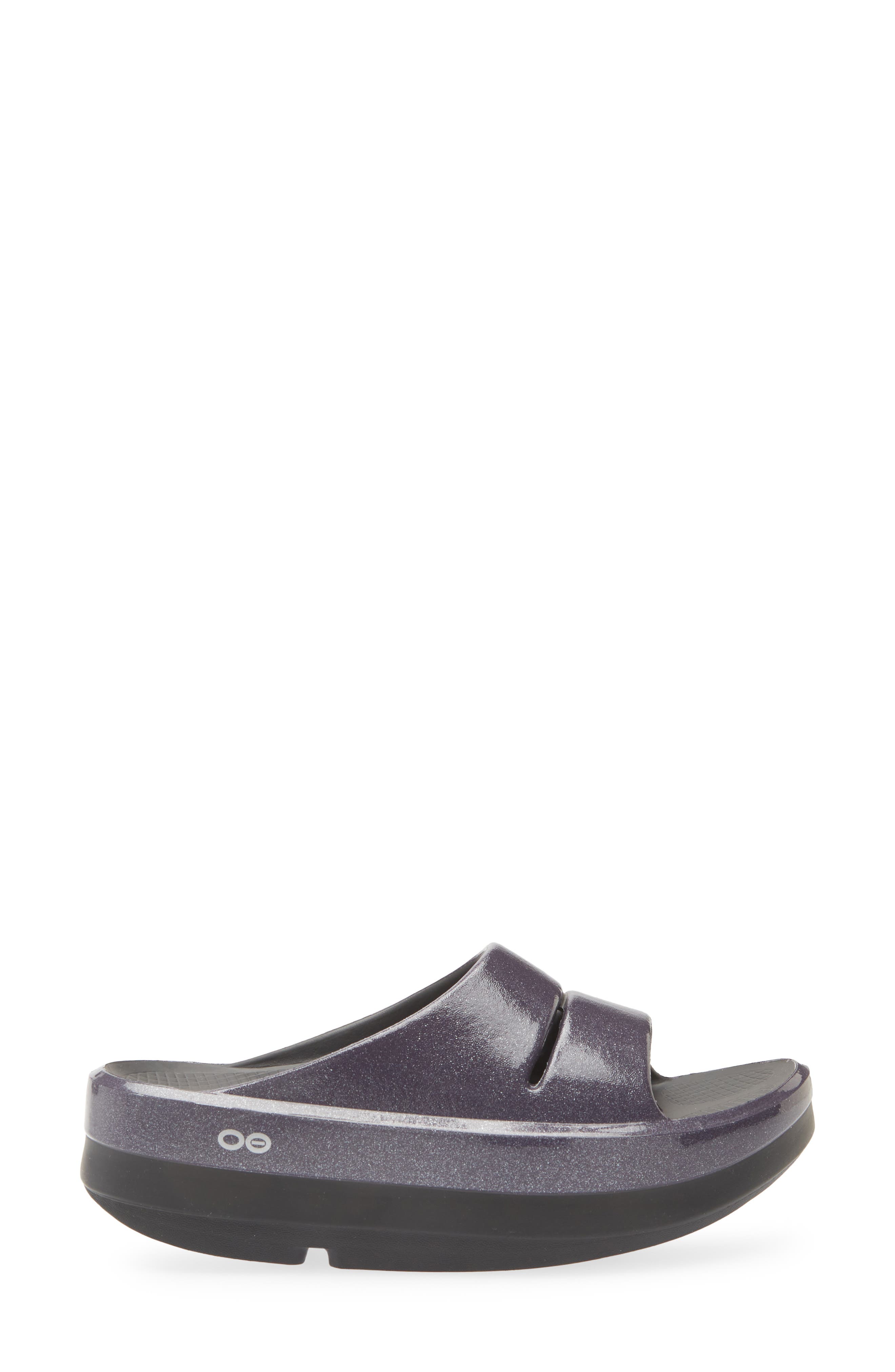 Oofos OOmega OOahh Slide Sandal, Alternate, color, Black/ Amethyst Sparkle