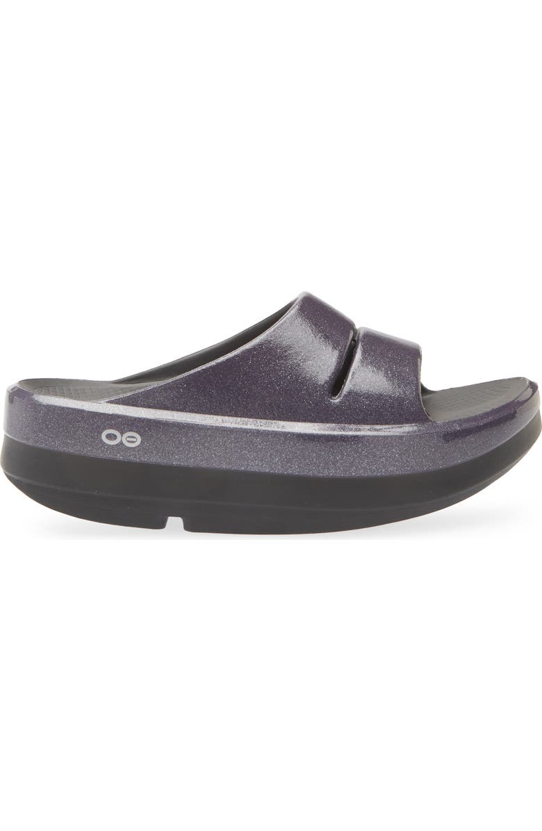 Oofos OOmega OOahh Slide Sandal, Alternate, color, Black/ Amethyst Sparkle
