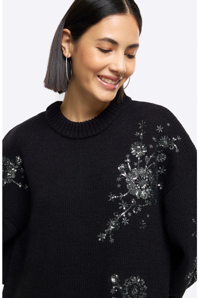 Jessie Crystal Floral Embellished Long Sleeve Sweater Dress, Alternate, color, BLACK