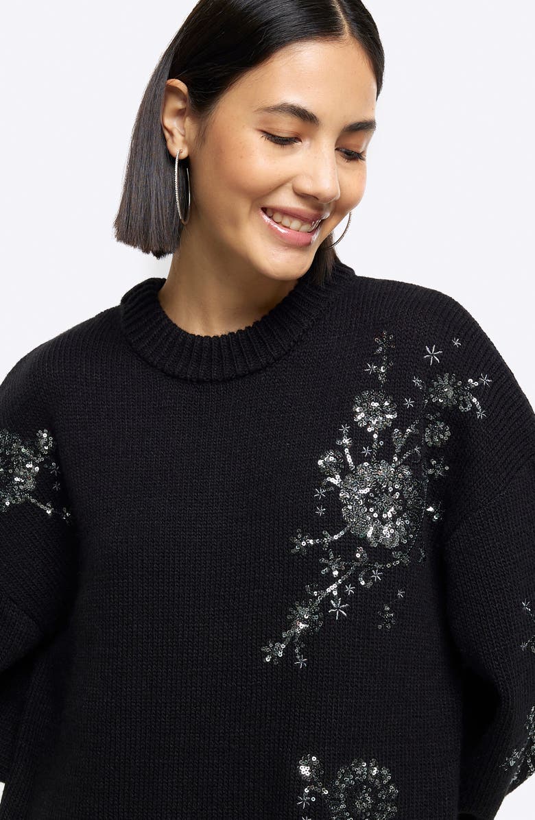 River Island Jessie Crystal Floral Embellished Long Sleeve Sweater Dress, Alternate, color, 