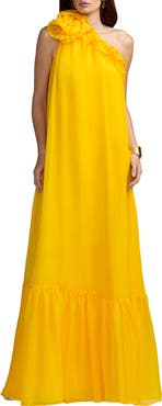 Mac Duggal Women's One Shoulder Chiffon Maxi Gown with 3D Rosette