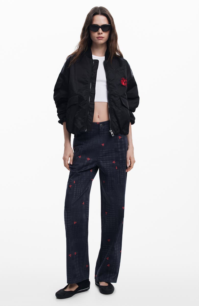 Desigual Check & Cherry Stretch Cotton Twill Pants, Alternate, color, Dark Gray