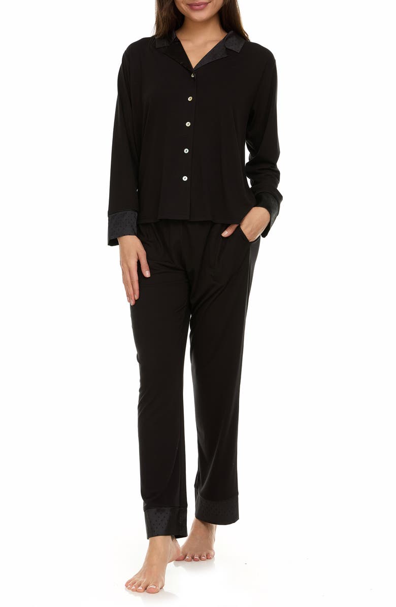 Flora By Flora Nikrooz Cecilia Notch Collar Jacquard Trim Pajamas, Alternate, color, Black