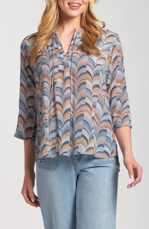 Print Tassel Split Neck Chiffon Top