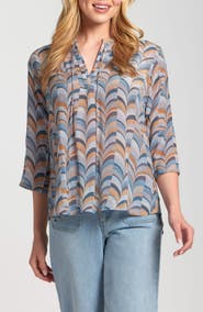 APNY Print Tassel Split Neck Chiffon Top
