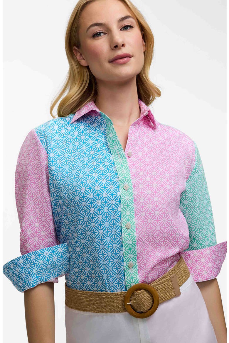 Meghan Geo Lattice Cotton Button-Up Shirt, Alternate, color, PINK/ MULTI