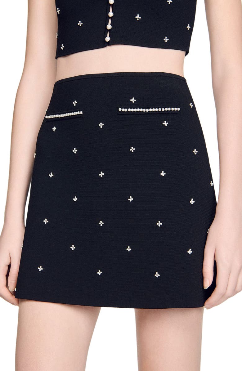 SANDRO Rhinestone embroidered knit skirt, Alternate, color, Black