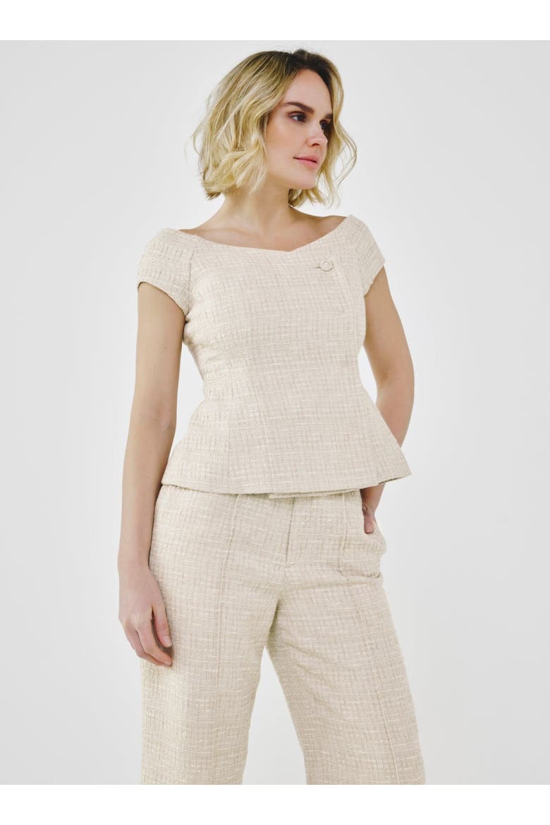 Tailored Fancy Tweed Bardot Top, Alternate, color, Cream