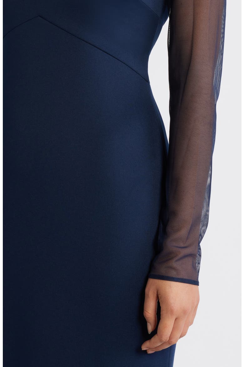Rosette Mesh Trim Long Sleeve Gown, Alternate, color, NAVY