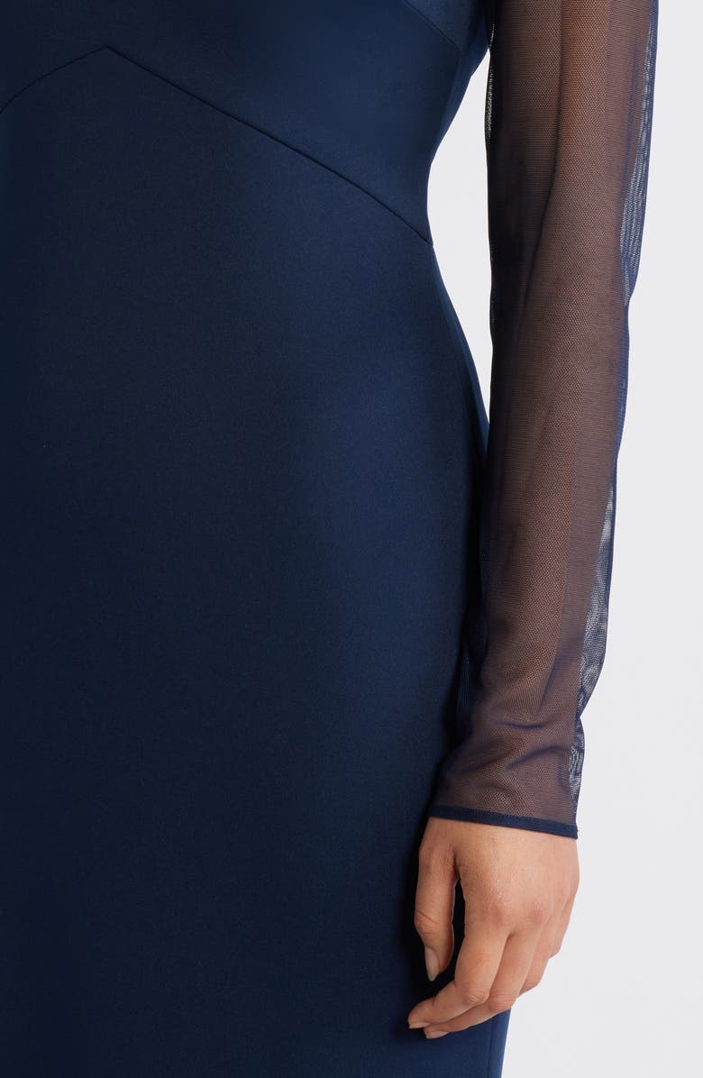 Eliza J Rosette Mesh Trim Long Sleeve Gown, Alternate, color, Navy