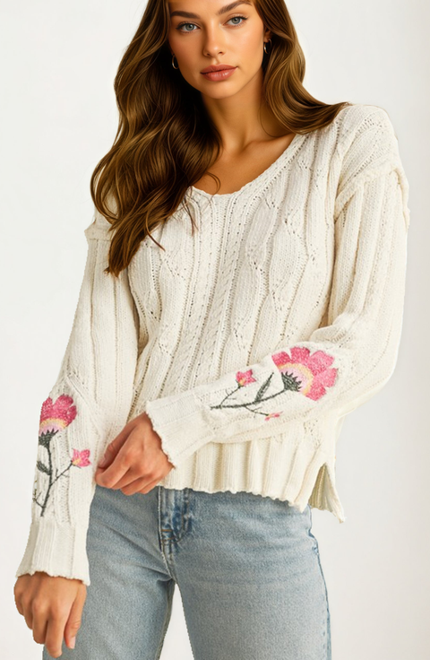 Floral Embroidered Cable Knit Sweater