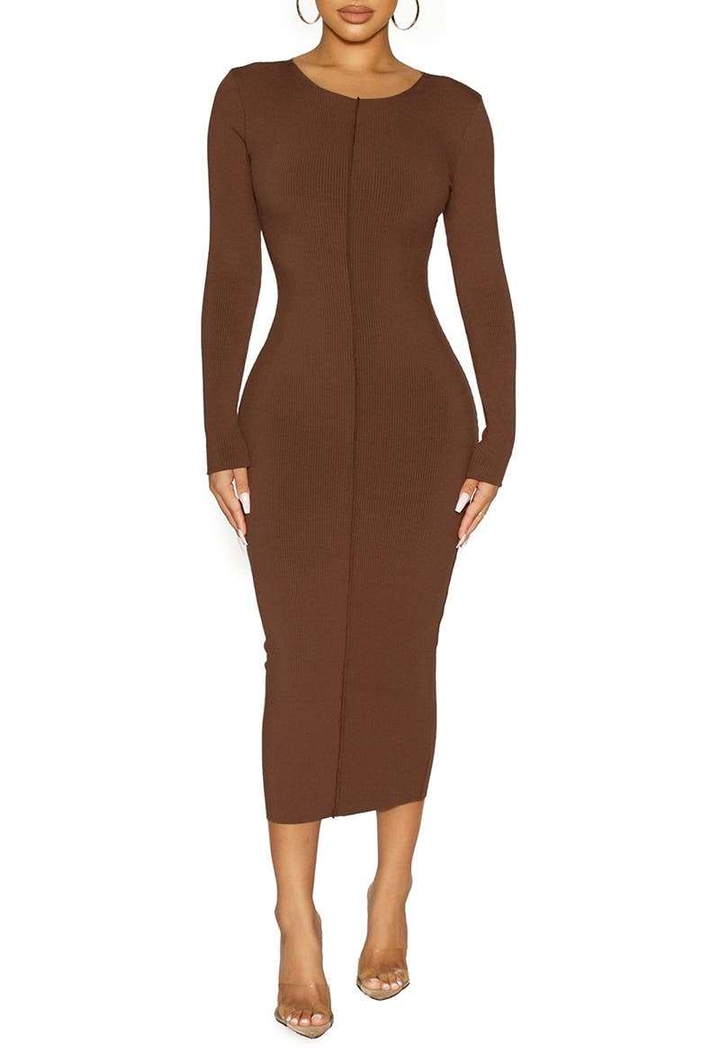 Snatched Me In Long Sleeve Body-Con Dress, Main, color, CHOCOLATE