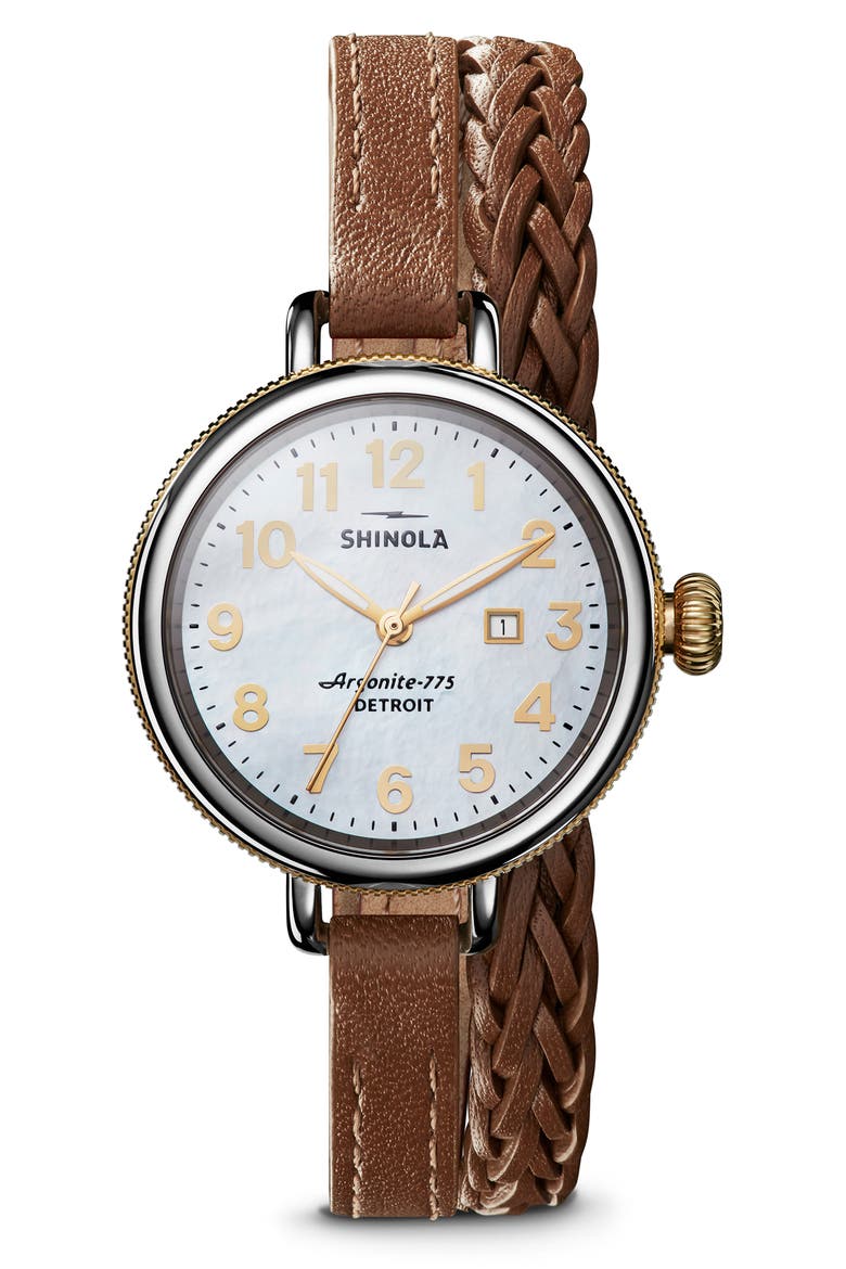 The Birdy Double Wrap Braided Leather Strap Watch, 34mm, Main, color, BROWN/ WHITE/ SILVER