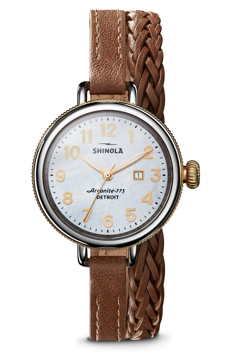 Shinola The Birdy Double Wrap Braided Leather Strap Watch, 34mm, Main, color, 