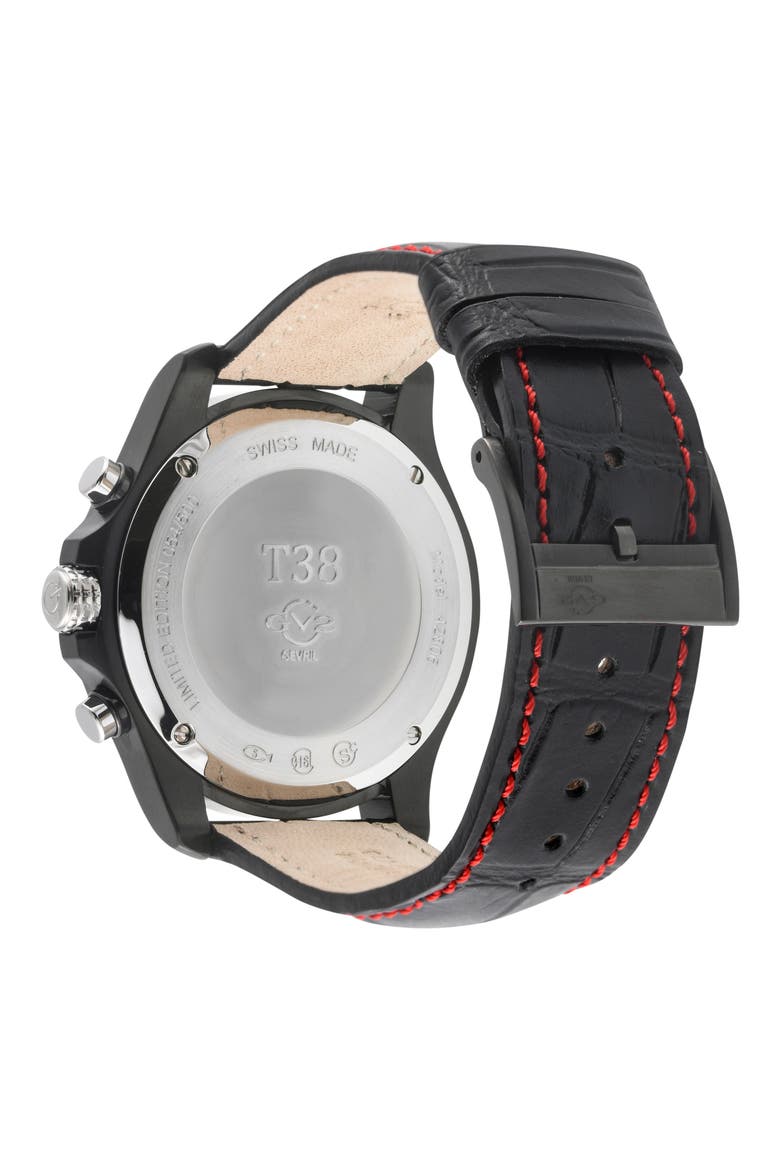 T38 Chronograph Croc Embossed Leather Strap Watch, 45mm, Alternate, color, BLACK