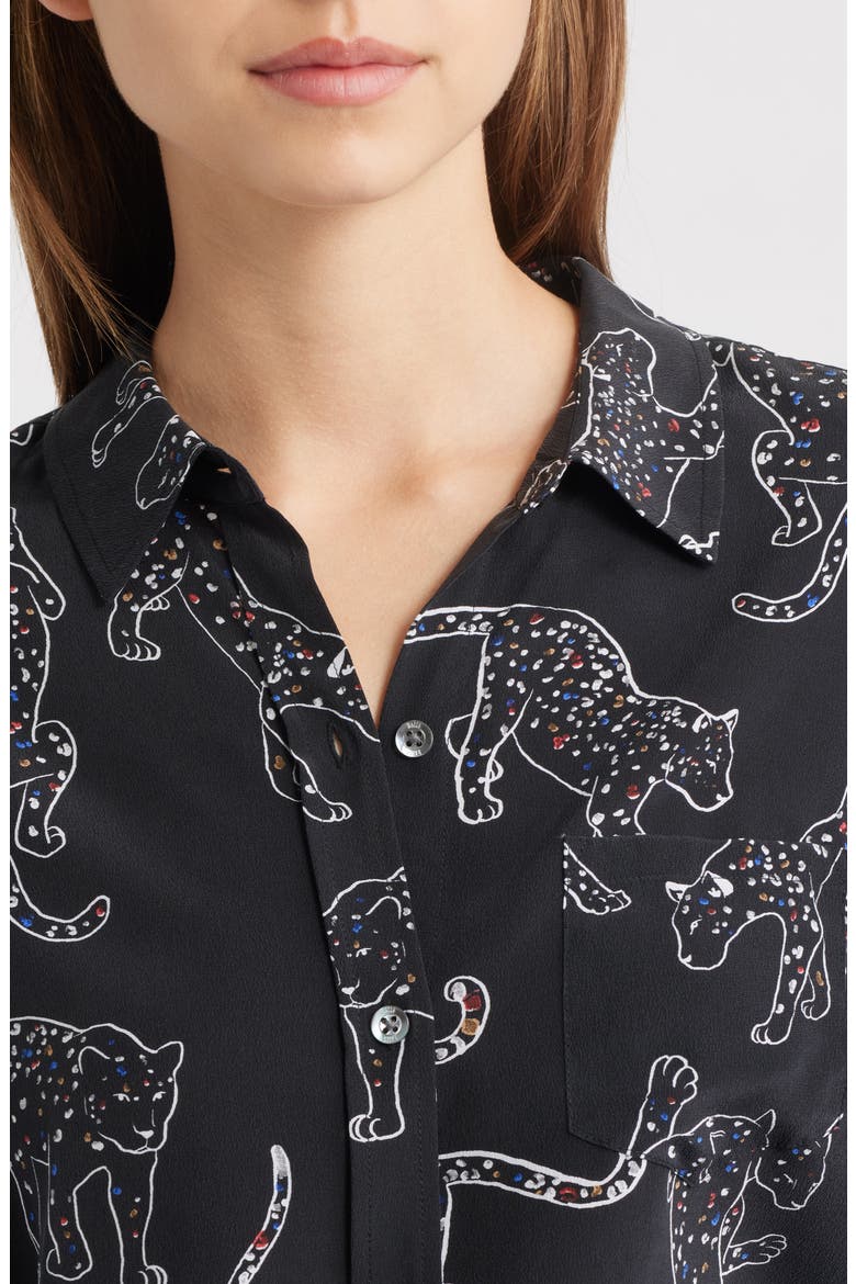 Kate Jaguar Print Silk Button-Up Shirt, Alternate, color, BLACK JAGUARS