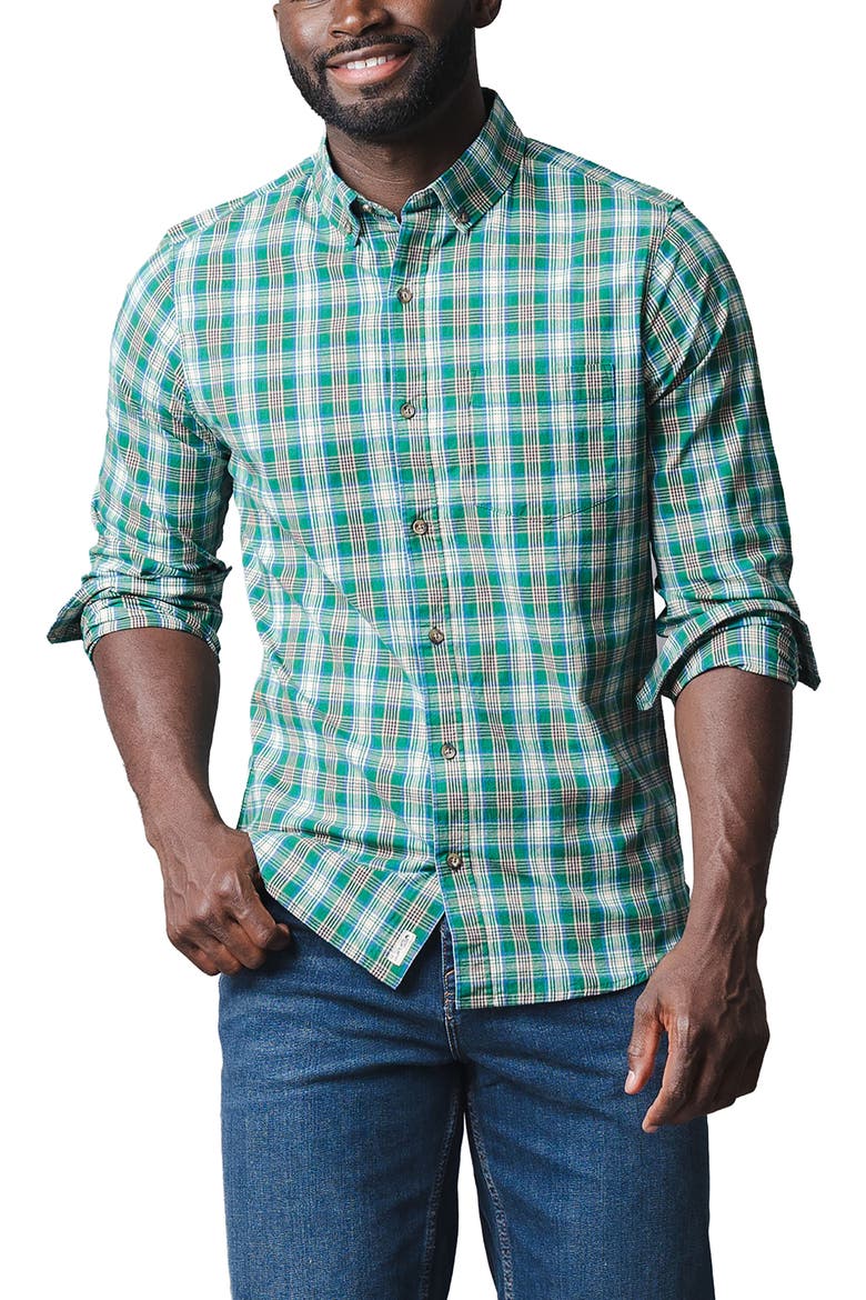 Organic Stretch Poplin Button Down Shirt, Main, color, Green Classic Plaid