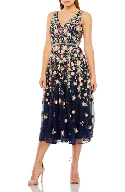 V-Neck Sleeveless Midi Floral Beaded A-Line Dress