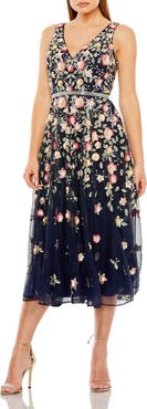 Mac Duggal V-Neck Sleeveless Midi Floral Beaded A-Line Dress