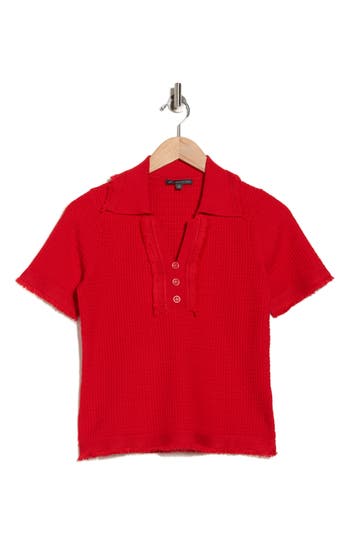 Adrianna Papell Frayed Edge Johnny Collar Polo In Red
