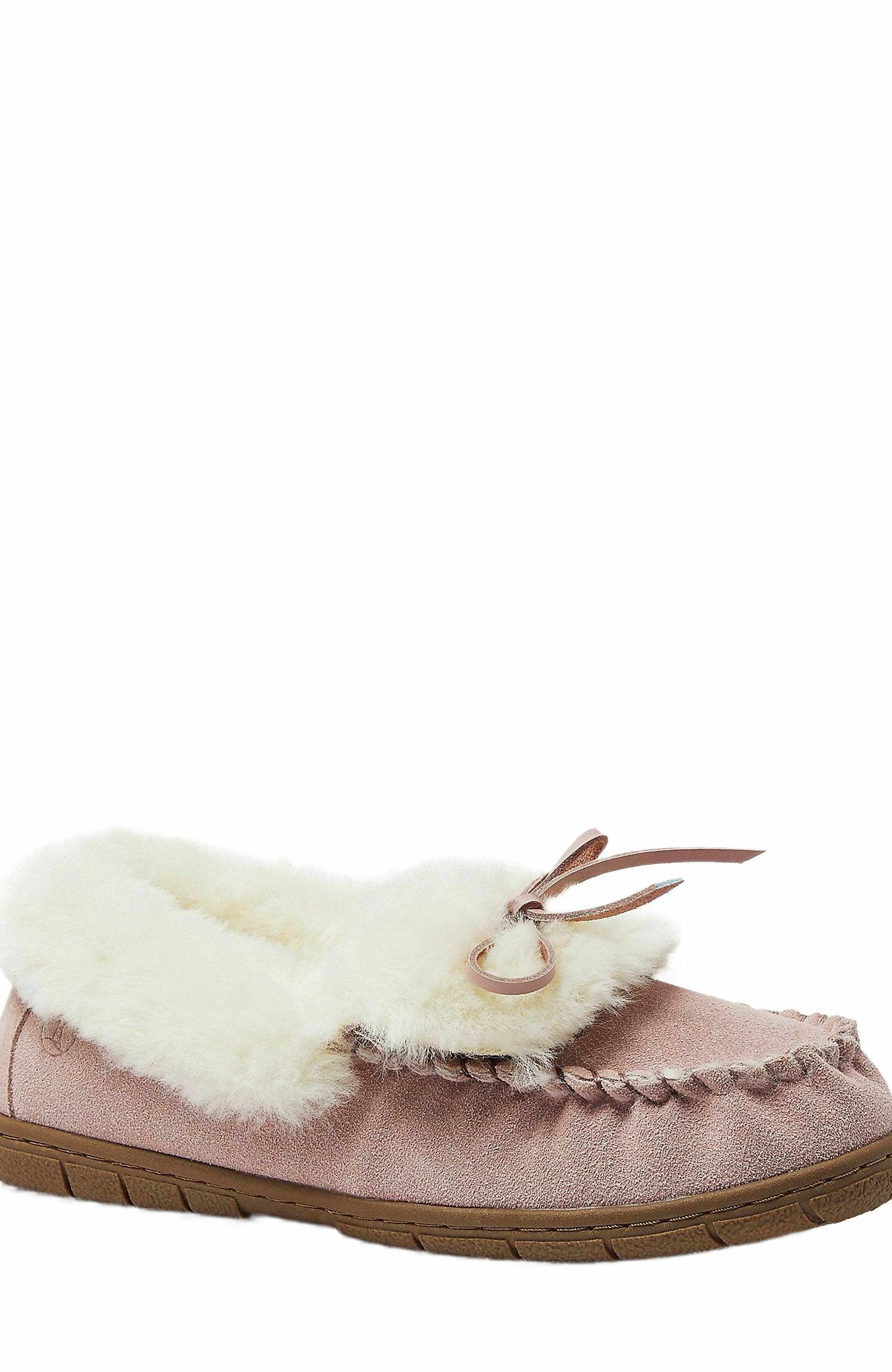 Fluffy Lined Indoor Outdoor Moccasin Slippers, Alternate, color, Cameo Rose Suede