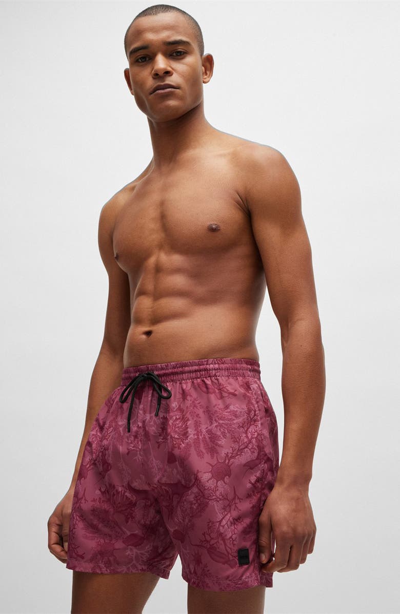 BOSS Reel Abstract Swim Trunks, Alternate, color, Open Red