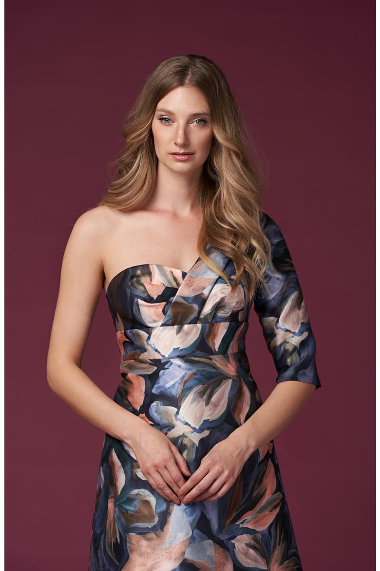 Mia One-Shoulder Jacquard A-Line Gown, Alternate, color, TERRA COTTA/ TEAL FLORAL PRINT