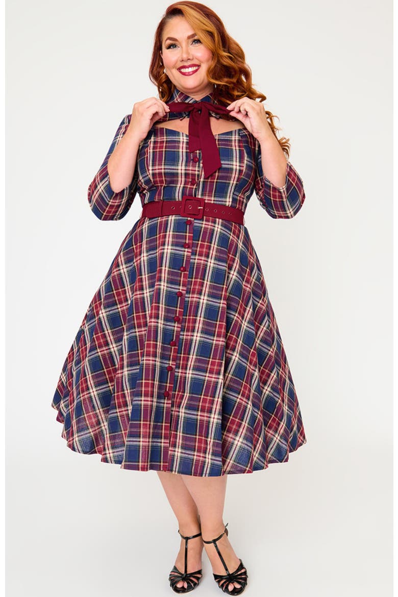 Plus Size Sweetheart Neck Swing Dress, Main, color, Blue & Burgundy Plaid